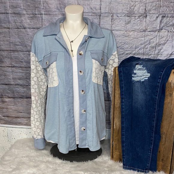 Hem & Thread Tops - Hem & Thread Light Blue Button-Down Shirt Lace Accents